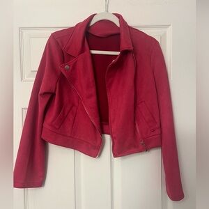 Women's Hot Pink Cropped Suede Moto Jacket